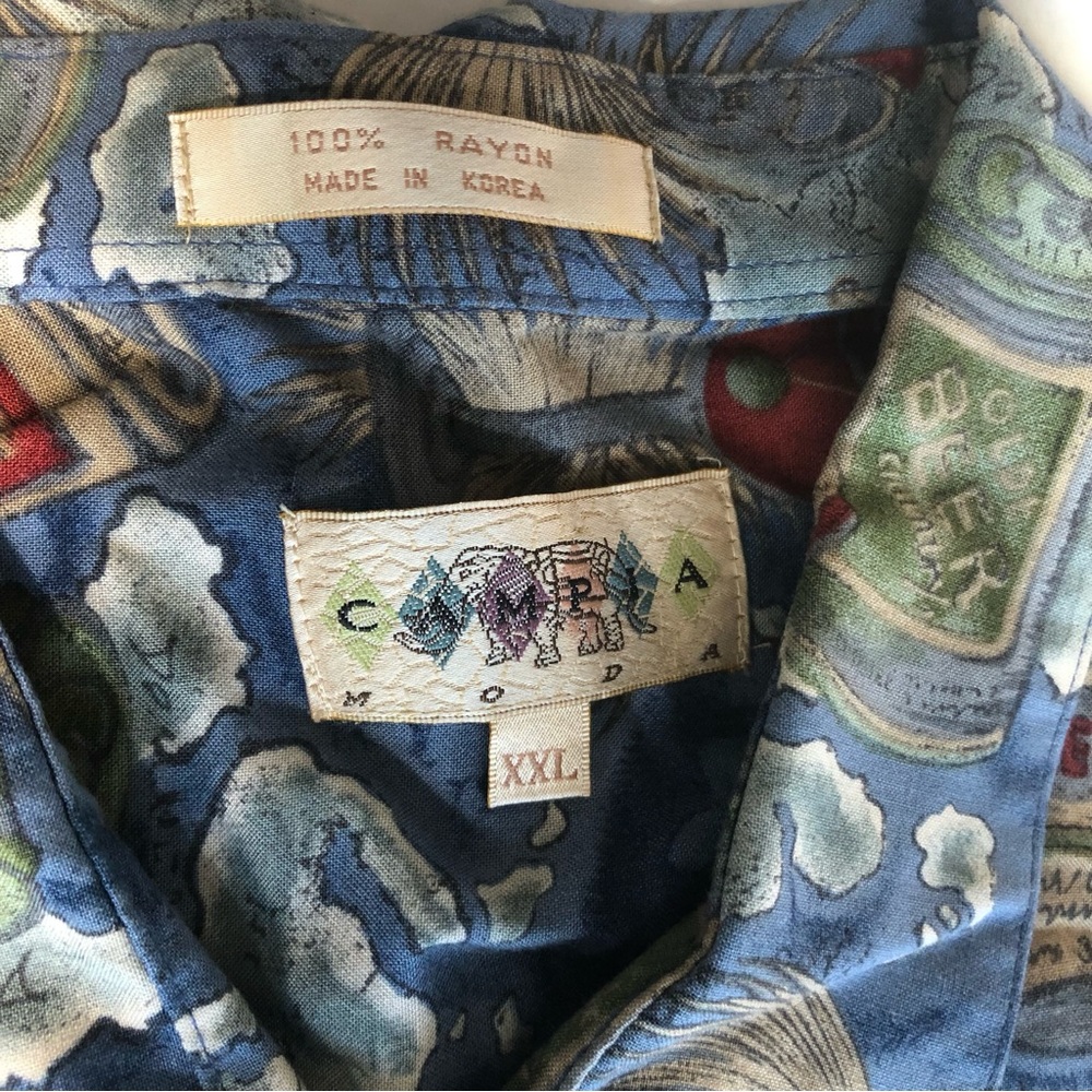 Campia Moda Hawaiian Style Shirt Martinis Beer Cocktails 100% Rayon Sz XXL